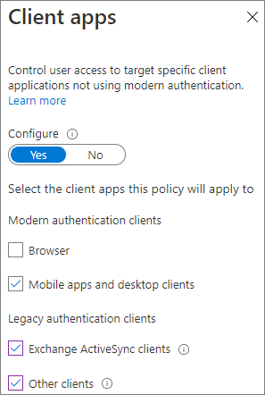 Снимок экрана: параметры клиентских приложений Microsoft Entra условного доступа.