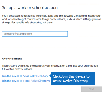 Нажмите кнопку Присоединиться к этому устройству, чтобы Azure Active Directory.