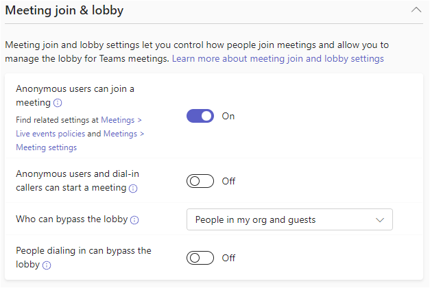 Снимок экрана: политика присоединения к собранию и лобби в Центре администрирования Teams.