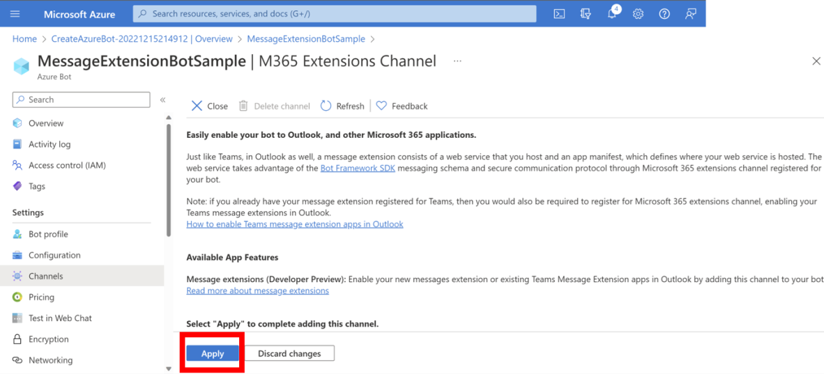 Снимок экрана: канал расширений сообщений Microsoft 365 для бота из области Каналы Azure Bot.