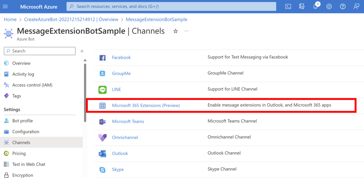 Снимок экрана: канал предварительной версии расширений Microsoft 365 для бота из области Каналы Azure Bot.