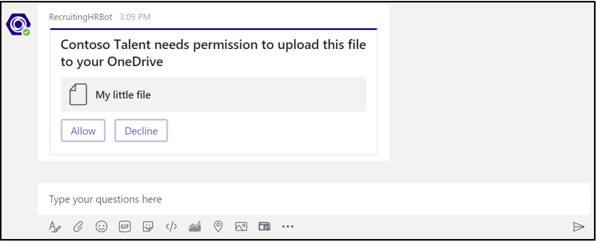 Снимок экрана: карточка согласия с запросом разрешения пользователя на отправку файла