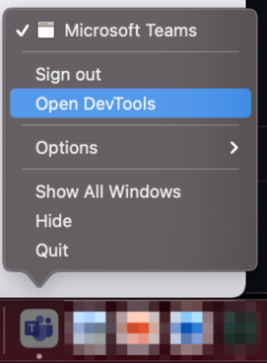 Снимок экрана: параметр для открытия средств разработки из док-станции macOS.