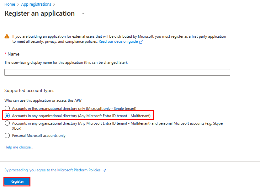 Снимок экрана: параметр для регистрации бота в Центр администрирования Microsoft Entra.