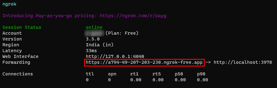 Снимок экрана: URL-адрес HTTPS ngrok.