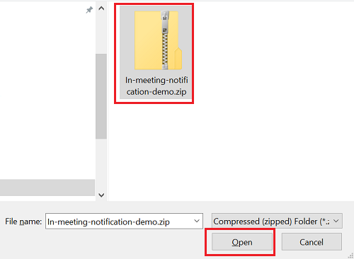 Снимок экрана: папка манифеста с zip-файлом демонстрации уведомлений о собрании и параметром Открыть, выделенным красным цветом.