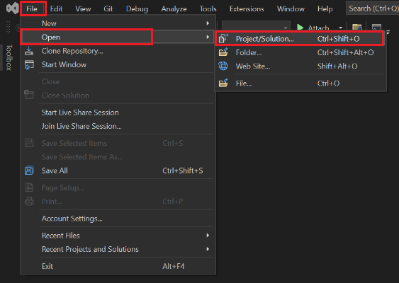 Снимок экрана: Visual Studio с выделенным красным цветом Файл, Открытие и Project-Solution.