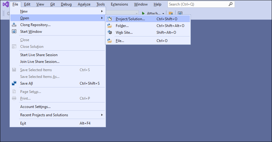 Снимок экрана: Visual Studio с параметрами 