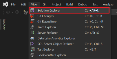 Снимок экрана: Visual Studio с элементом меню Обозреватель решений в разделе Вид выделен красным цветом.