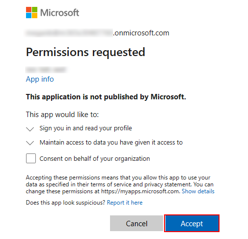 Снимок экрана: параметр для принятия запрошенного разрешения.