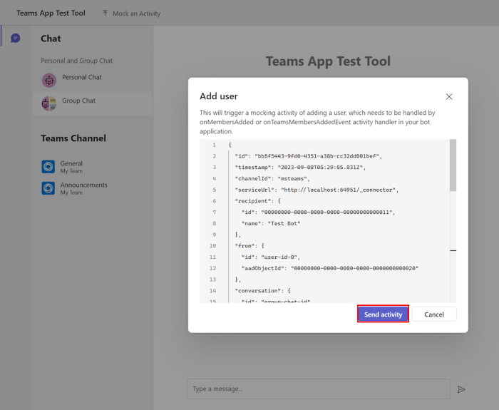 Снимок экрана: параметр отправки действий для предопределенного действия макета добавления пользователя.