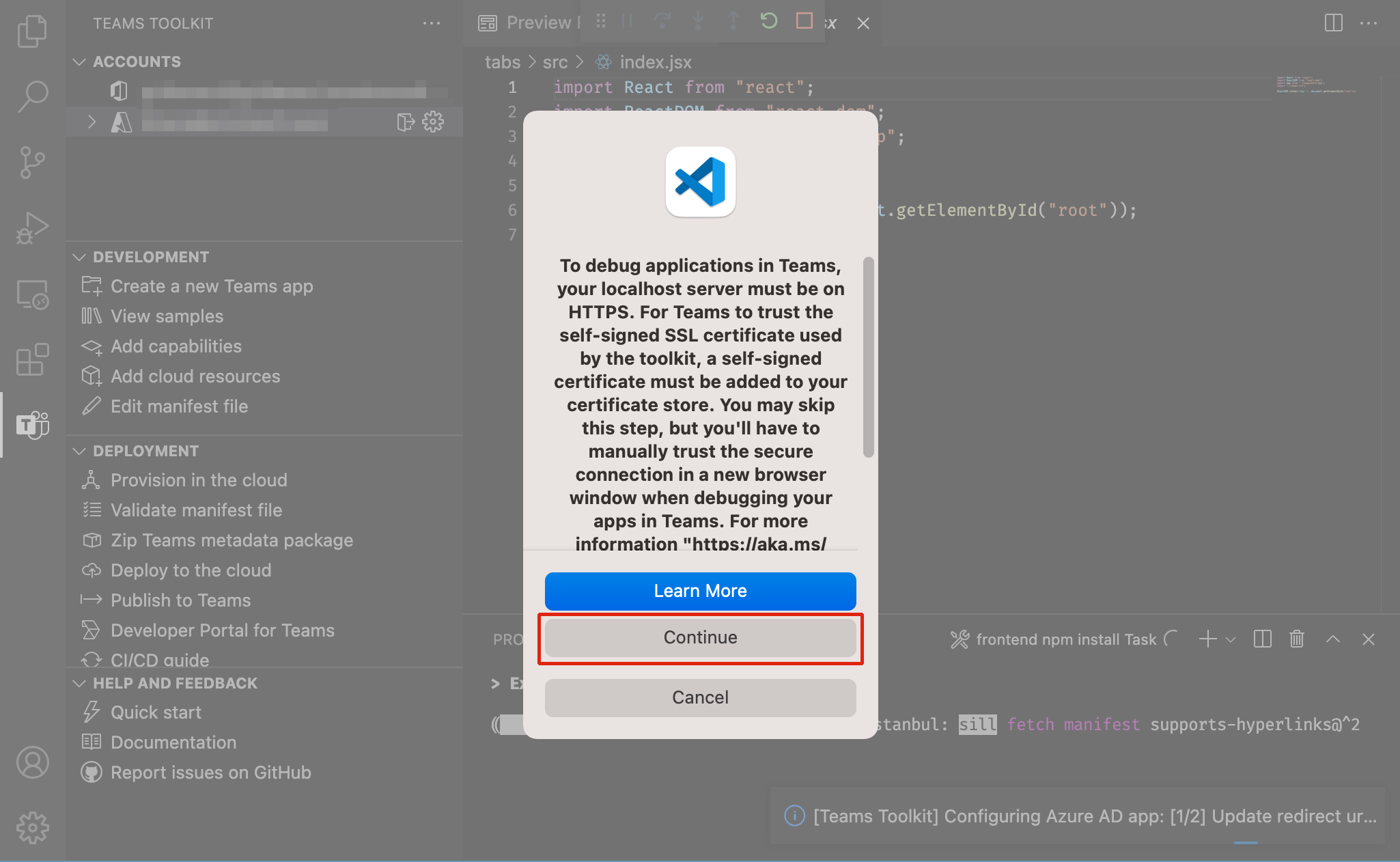 Снимок экрана с указанием запроса на установку сертификата SSL для Teams загрузки приложения с локального сайта на Mac.