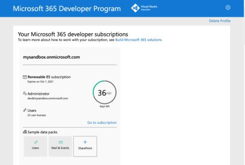 Снимок экрана: подписка на программу разработчика Microsoft 365.
