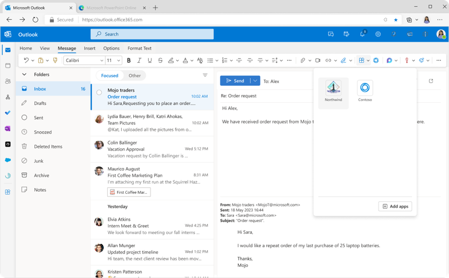 Снимок экрана: предварительный просмотр расширения сообщений в Outlook в Интернете.