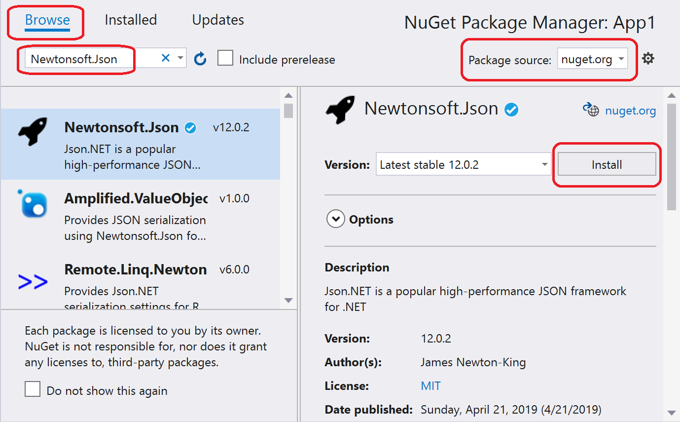 Поиск пакета Newtonsoft.Json