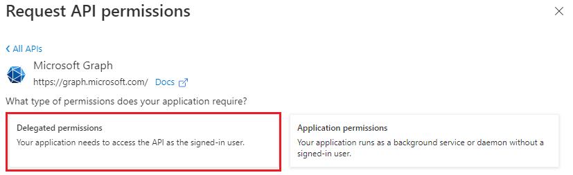Панель Запрашивать разрешения API с делегированными разрешениями.