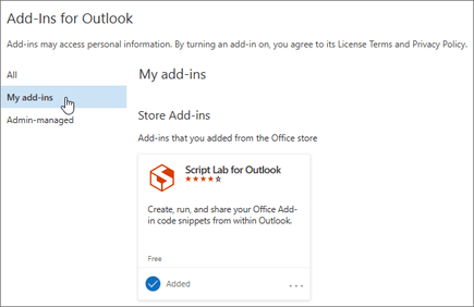 Параметр Мои надстройки, выбранный в диалоговом окне Add-Ins для Outlook.
