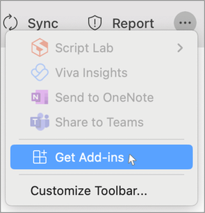 Параметр Получить надстройки выбран на кнопке с многоточием в Outlook на Mac.