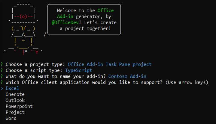 Screenshot showing that the user named the project "Contoso Add-in" and shows the prompt for Office application, and the possible answers, in the Yeoman generator.