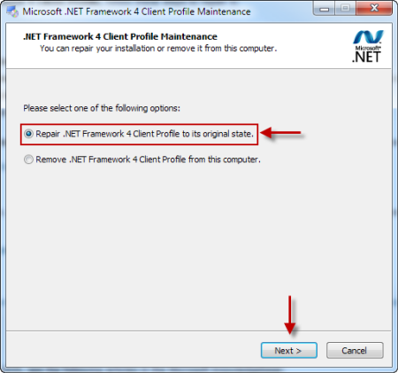 Выберите параметр Для восстановления платформа .NET Framework 4-го клиентского профиля в исходном состоянии, а затем нажмите кнопку Далее.