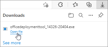 Снимок экрана, на котором отображается ссылка «Открыть файл» под именем файла в окне «Загрузки».