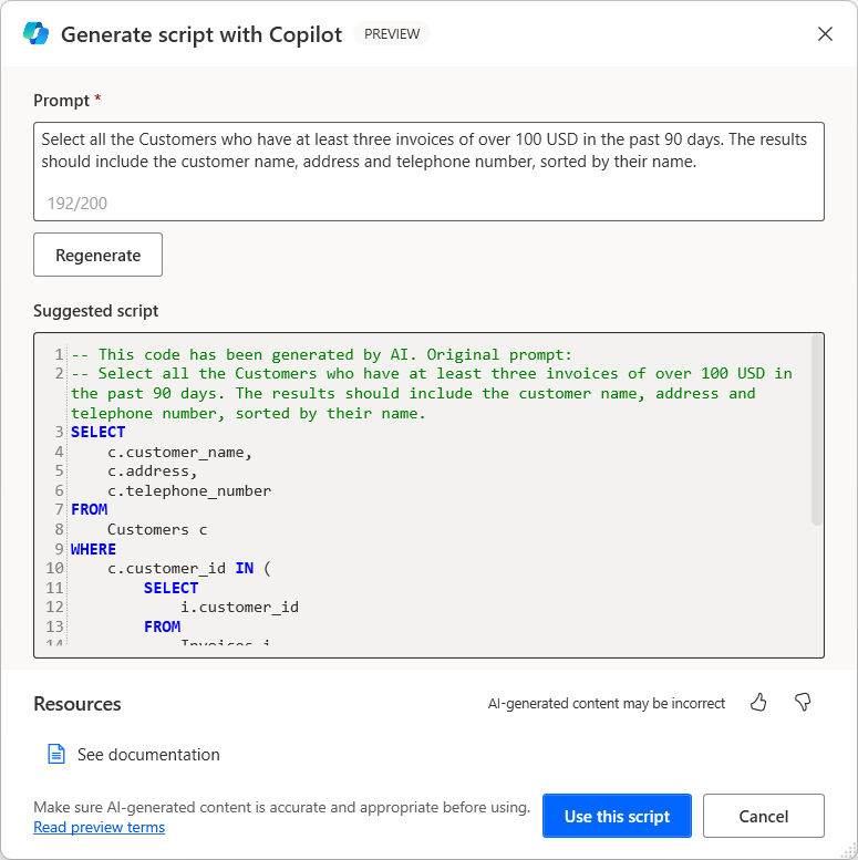 Снимок экрана с открытым диалоговым окном «Генерация скрипта с помощью Copilot», в котором показан сгенерированная инструкция SQL.