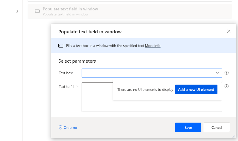 Снимок экрана диалогового окна «Заполнить текстовое поле в окне» с кнопкой «Добавить новый элемент пользовательского интерфейса».
