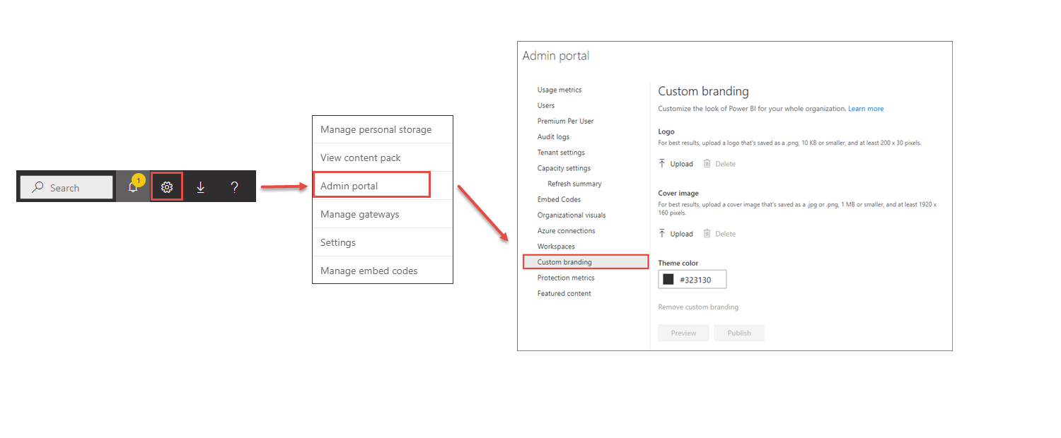 Screen capture showing how to get to custom branding settings.