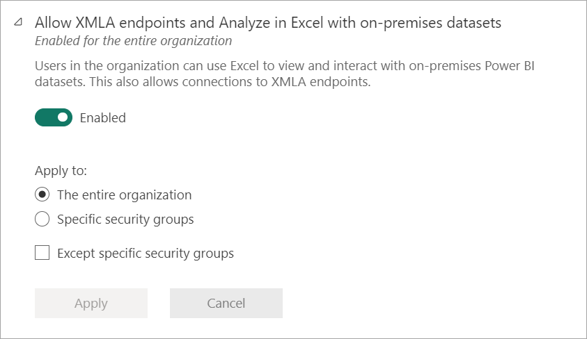 Screenshot of the allow x m l a endpoints and analyze in excel with on premises datasets admin setting.