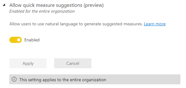 Screenshot of allow quick measure suggestions admin setting.