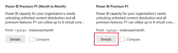 Снимок экрана: варианты приобретения Power BI Premium, нажата кнопка &quot;Сведения&quot;