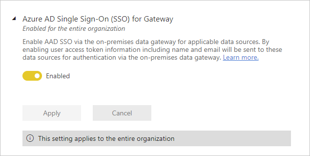 Screenshot of the Microsoft Entra SSO for gateway feature in the Power BI Admin portal.