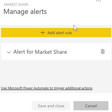 Screenshot showing the Manage alerts window, with the Alert for Market Share alert visible.