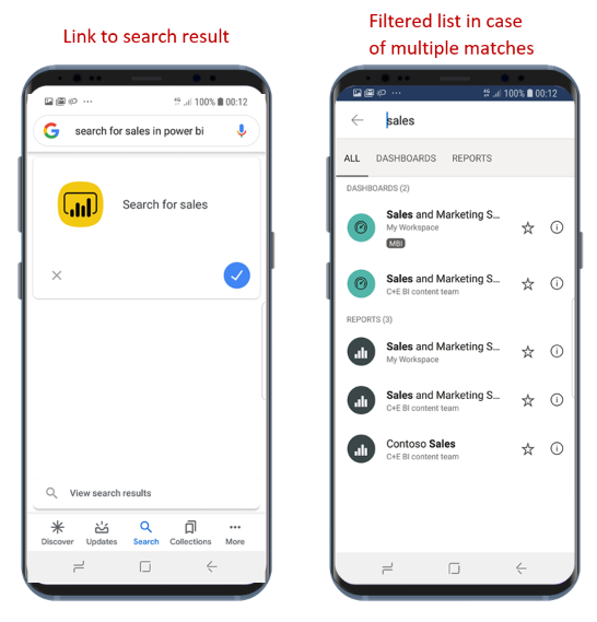 Google Search result in Power BI mobile app for Android