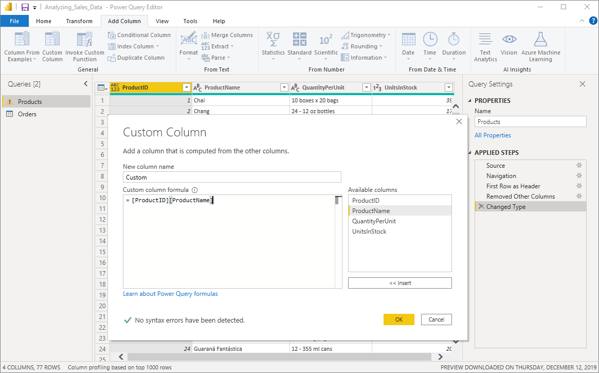 Screenshot shows the Add Custom Column dialog box.