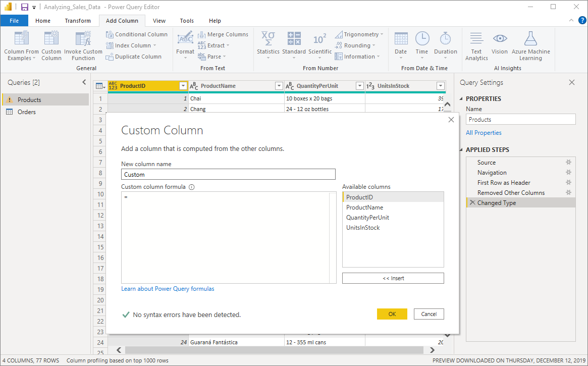 Screenshot shows the Custom Column dialog box, which includes available columns to choose from.
