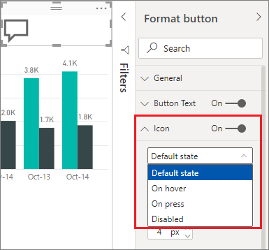 Three states of a button in a Power BI report