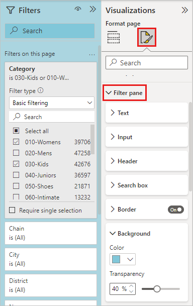 Screenshot shows the Filters pane expanded under the Format icon in Power BI Desktop.