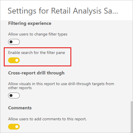 Screenshot shows the option to Enable search for Filters pane in the Power BI service.