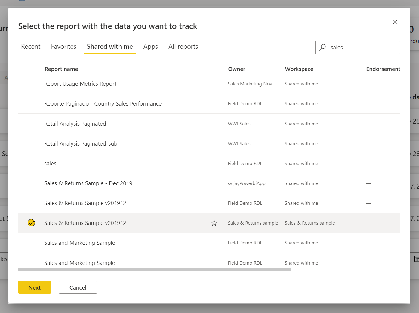 Select the report that contains the data value you want to connect to.