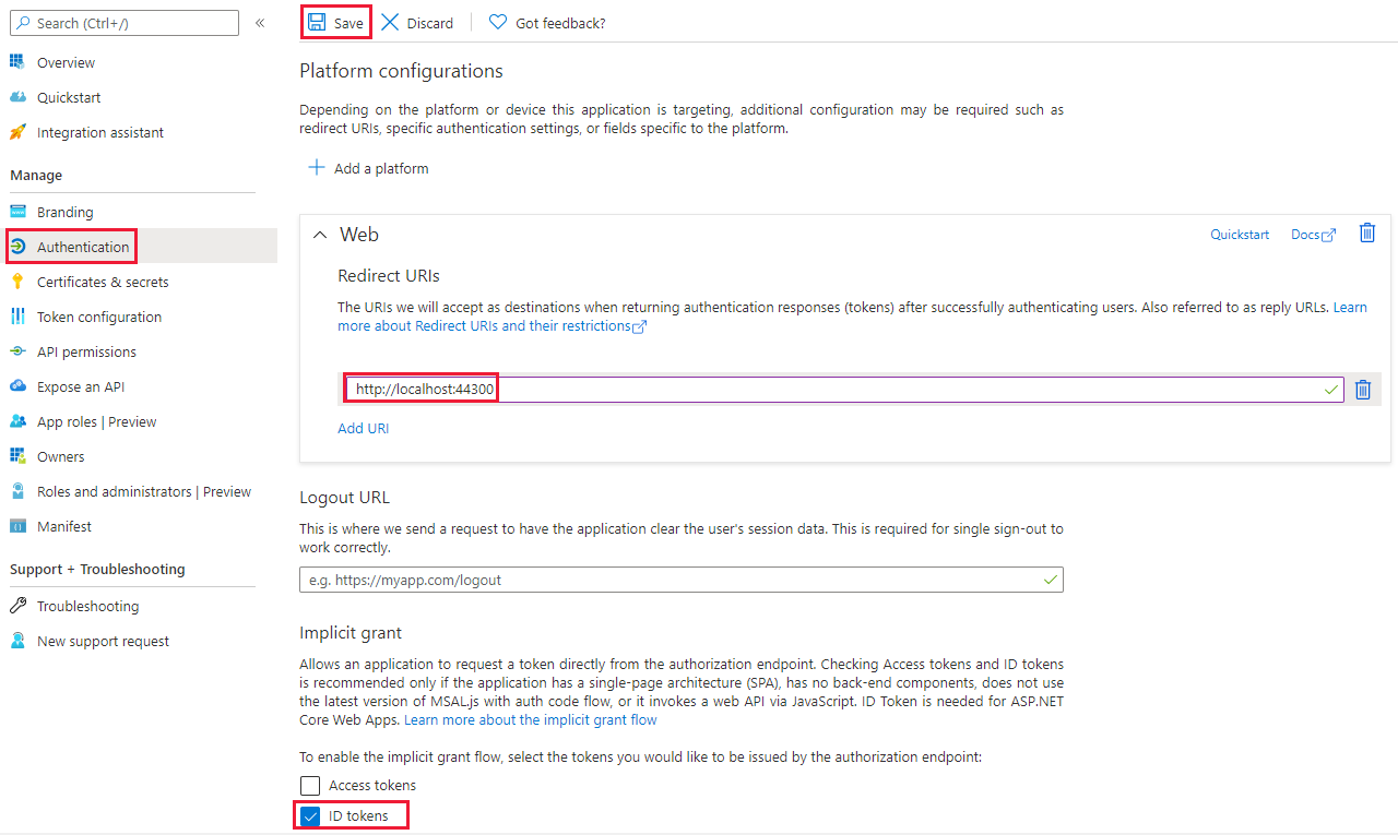 Screenshot showing the Azure AD app authentication configurations including the web redirect U R I and the selected access token option for the .NET framework app sample.