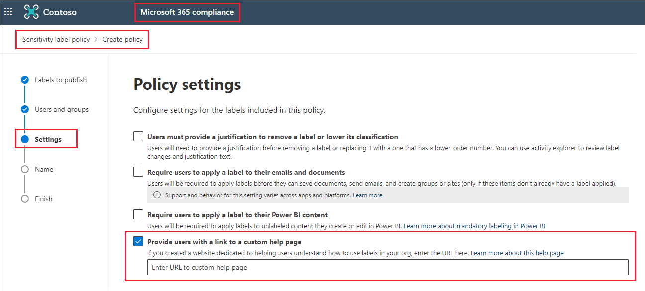 Screenshot of custom help link field in the compliance center user interface.