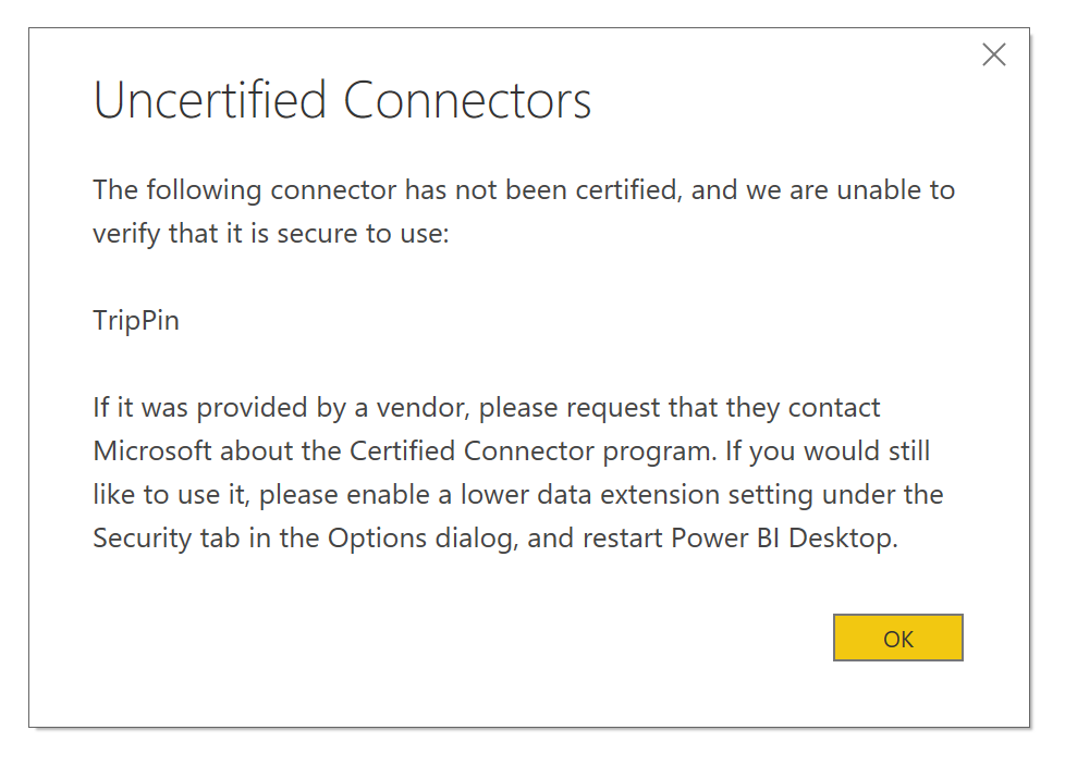 Screenshot that shows the Uncertified Connectors dialog box.