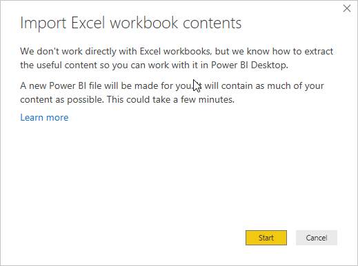 Screenshot that shows the Import Excel workbook contents message.