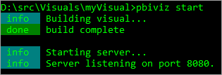 Screenshot of powershell running the p b i viz start command showing the server starting.