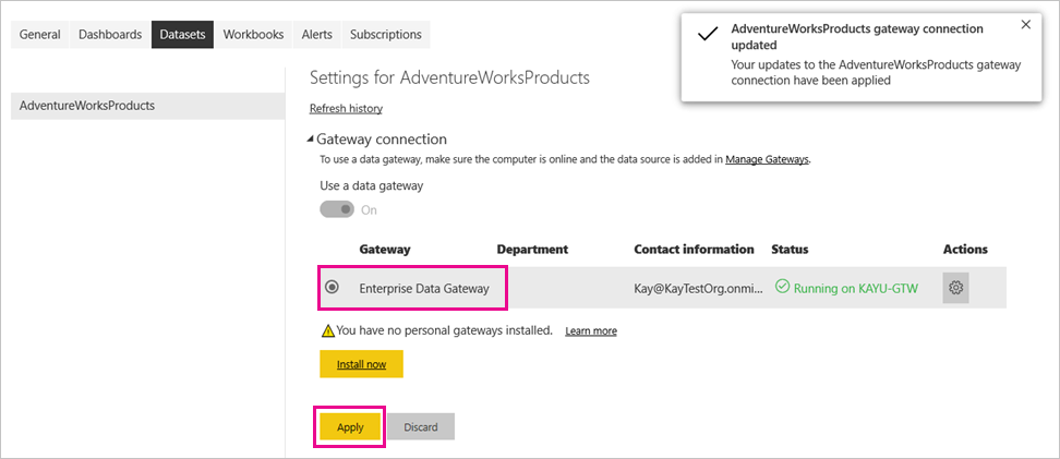Screenshot that shows applying the gateway connection.