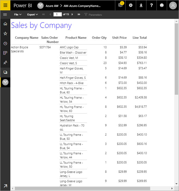 Screenshot showing paginated report in the Power BI service.