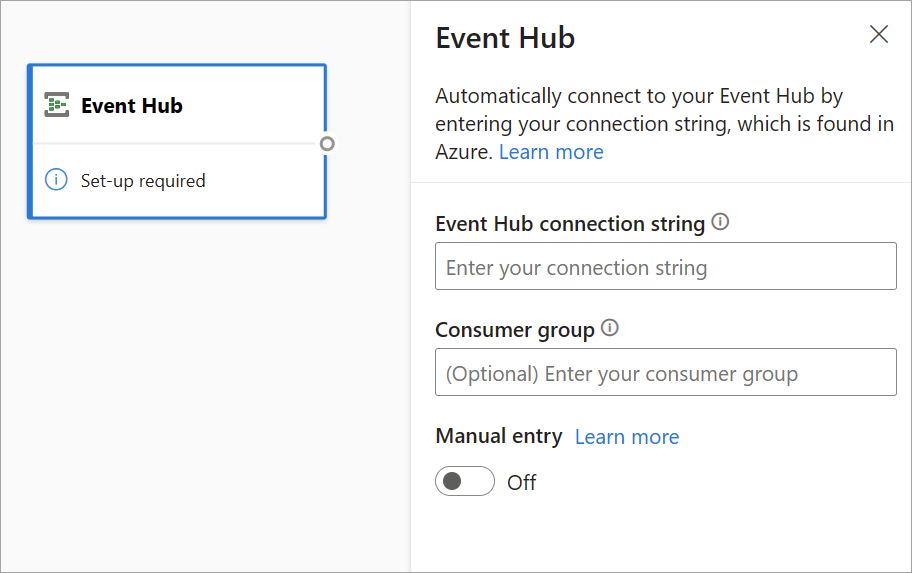 Screenshot that shows the side pane for event hub configuration.
