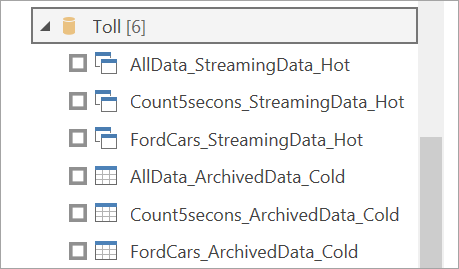 Screenshot that shows output tables for streaming dataflows in Power B I Desktop.