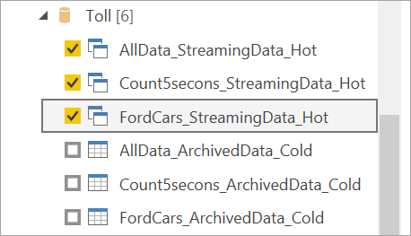 Screenshot that shows hot output tables selected for streaming dataflows in Power B I Desktop.